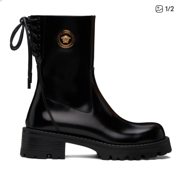 Versace Shoes - Versace Black Combat Boots with Gold Medallion